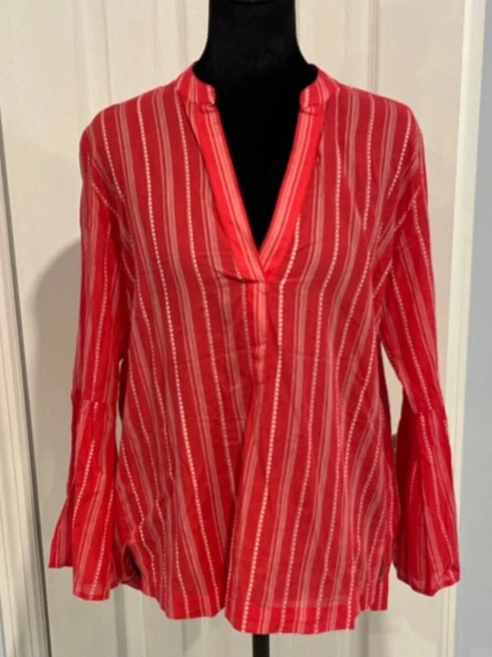 LOFT Women’s Red Striped Split Neck Blouse XS NWT